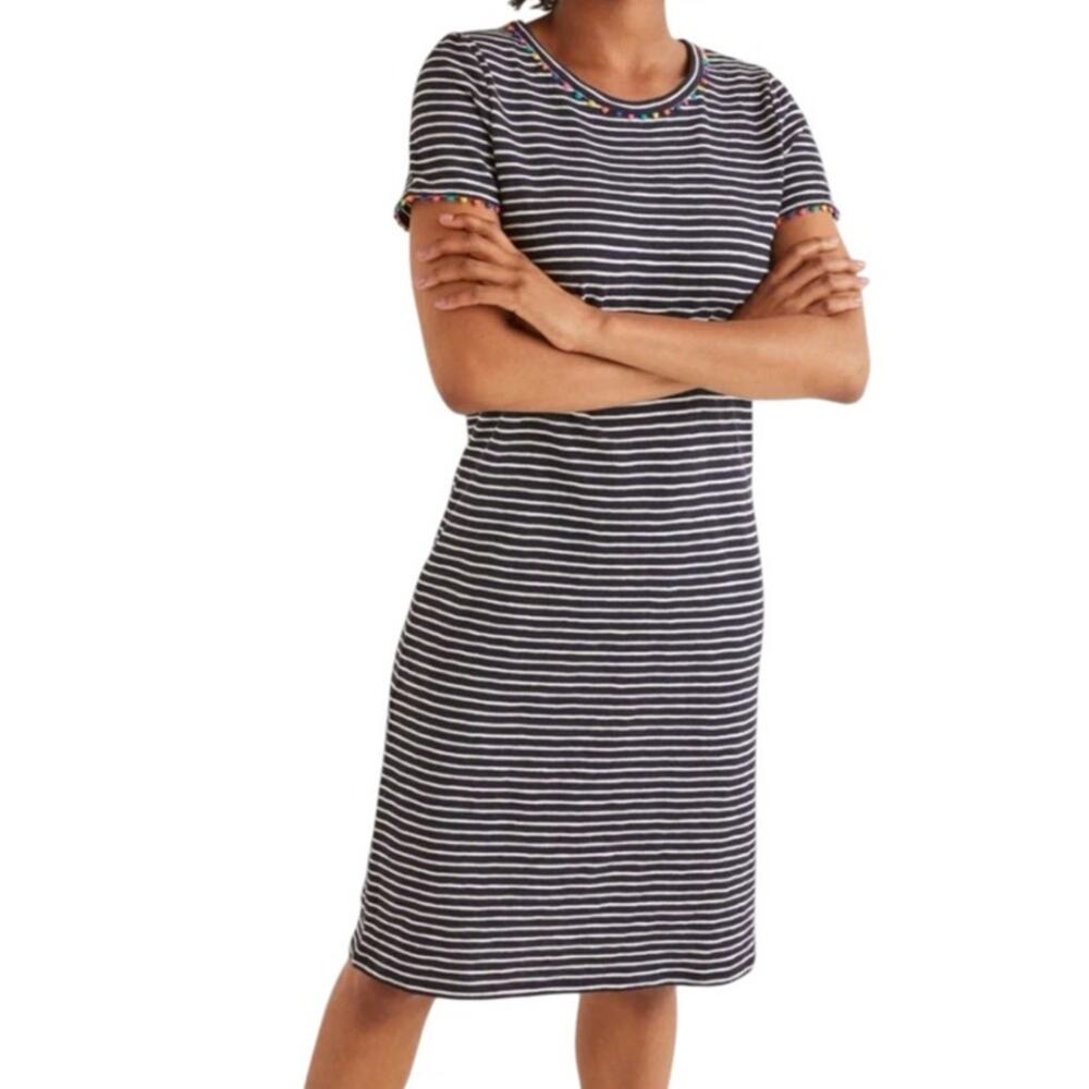 Boden Blue Charlie White Striped Pom Pom Cotton T-Shirt Dress